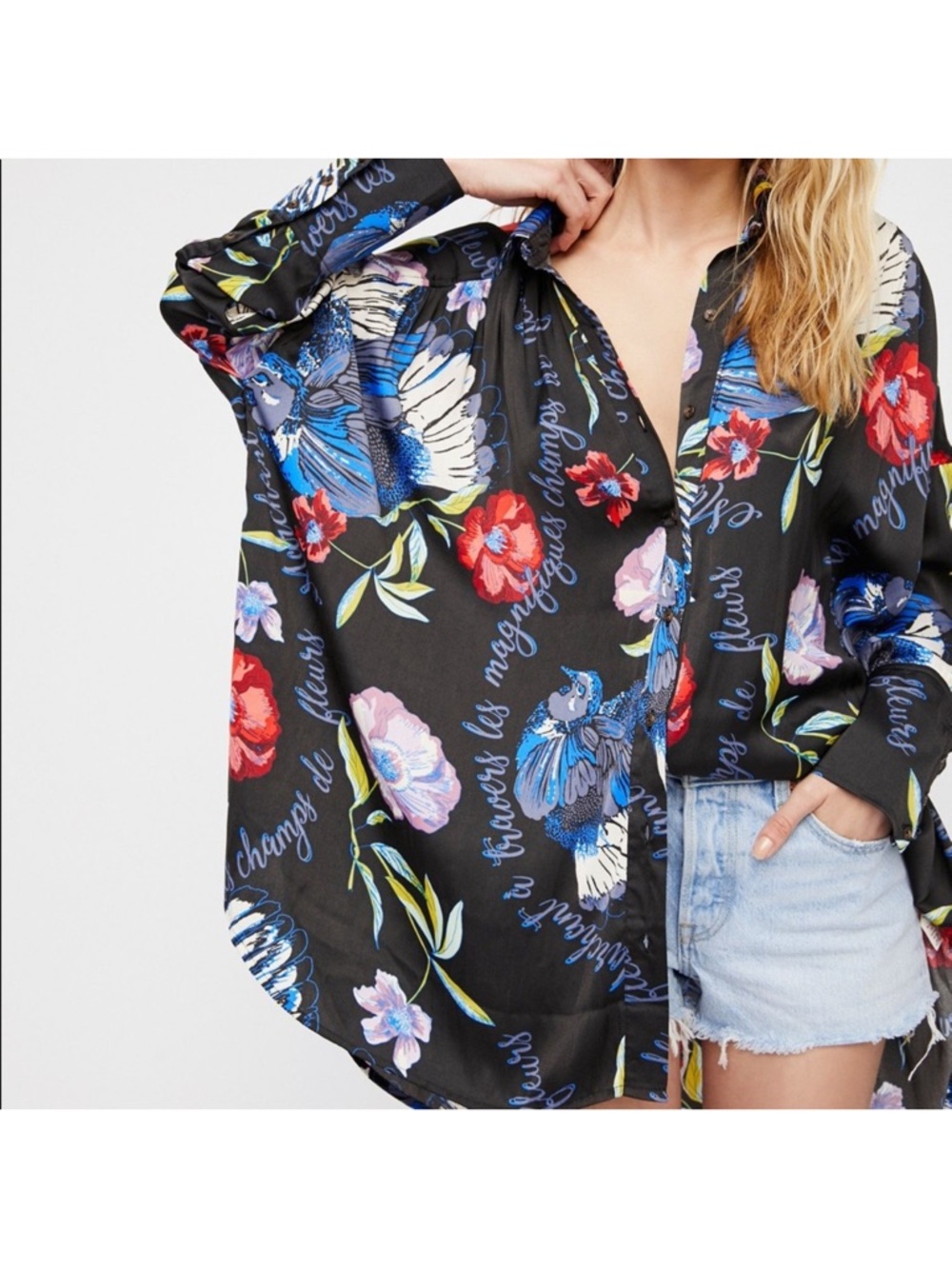 Free People Silky Nights Magnifiques Champ Fleurs Oversized Button Shirt Tunic